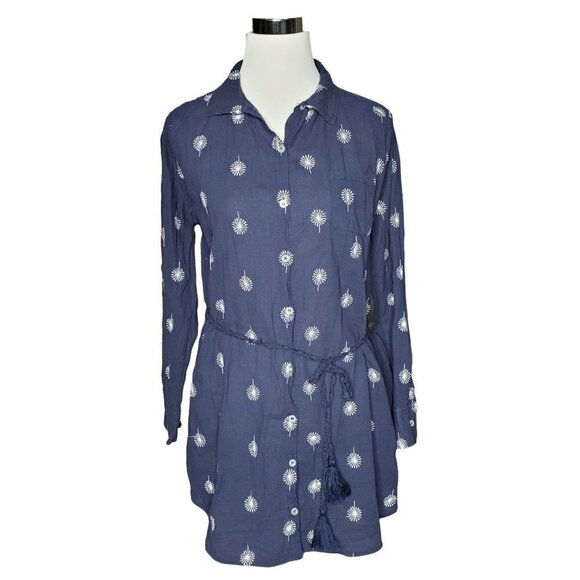 Umgee Dandelions Blue White Collared Button Down Belted Shirt Dress Size Small - Picture 2 of 8